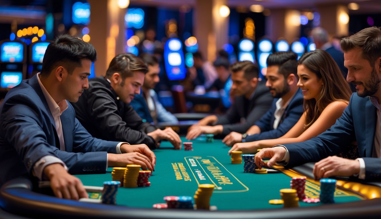 Meja poker di kasino dengan pemain yang sedang bermain dan tumpukan chip di atas meja.