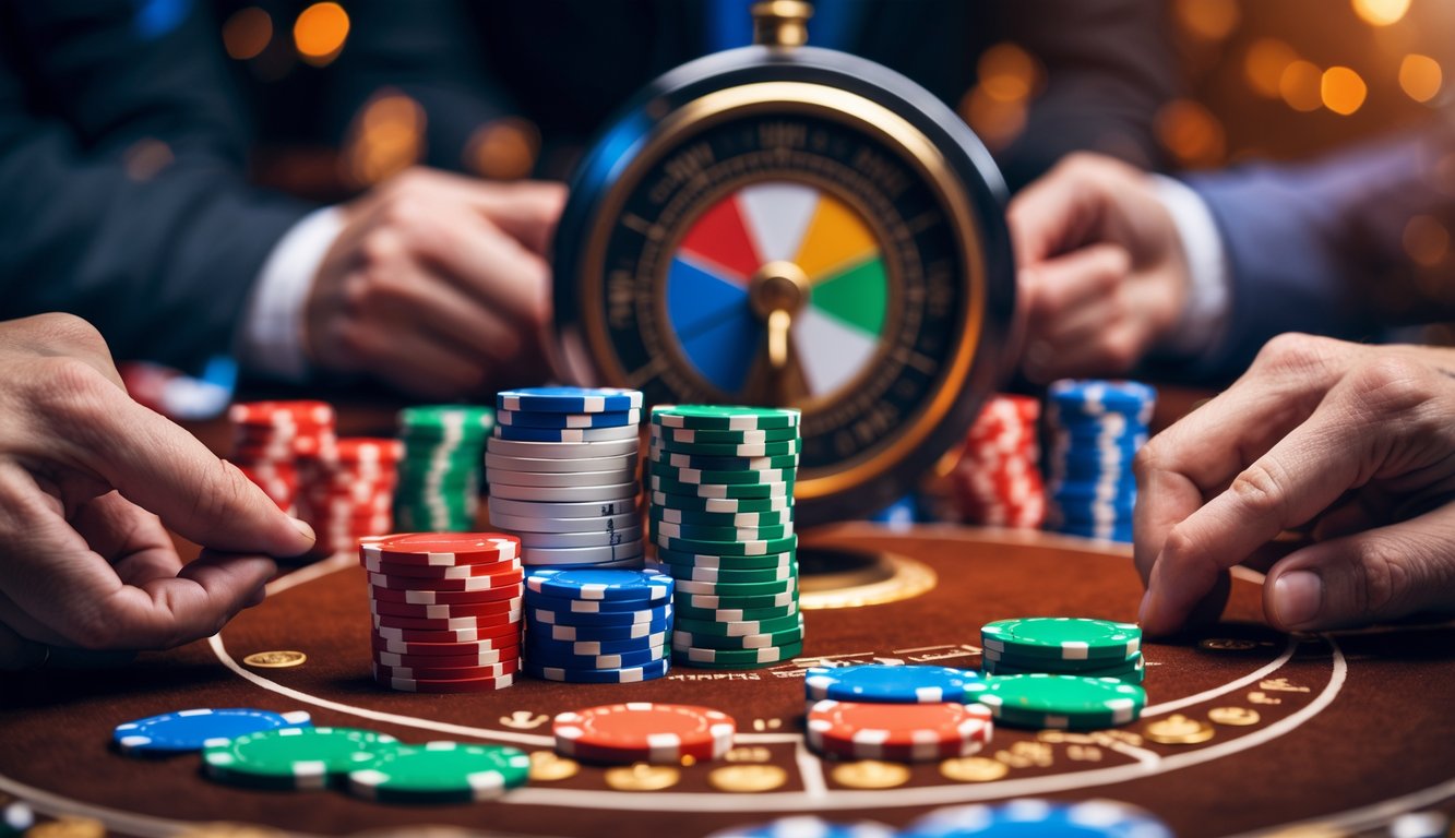 Meja poker dengan tumpukan chip warna-warni dan roda putar bonus yang sedang berputar, dengan beberapa tangan pemain memegang kartu dan chip.