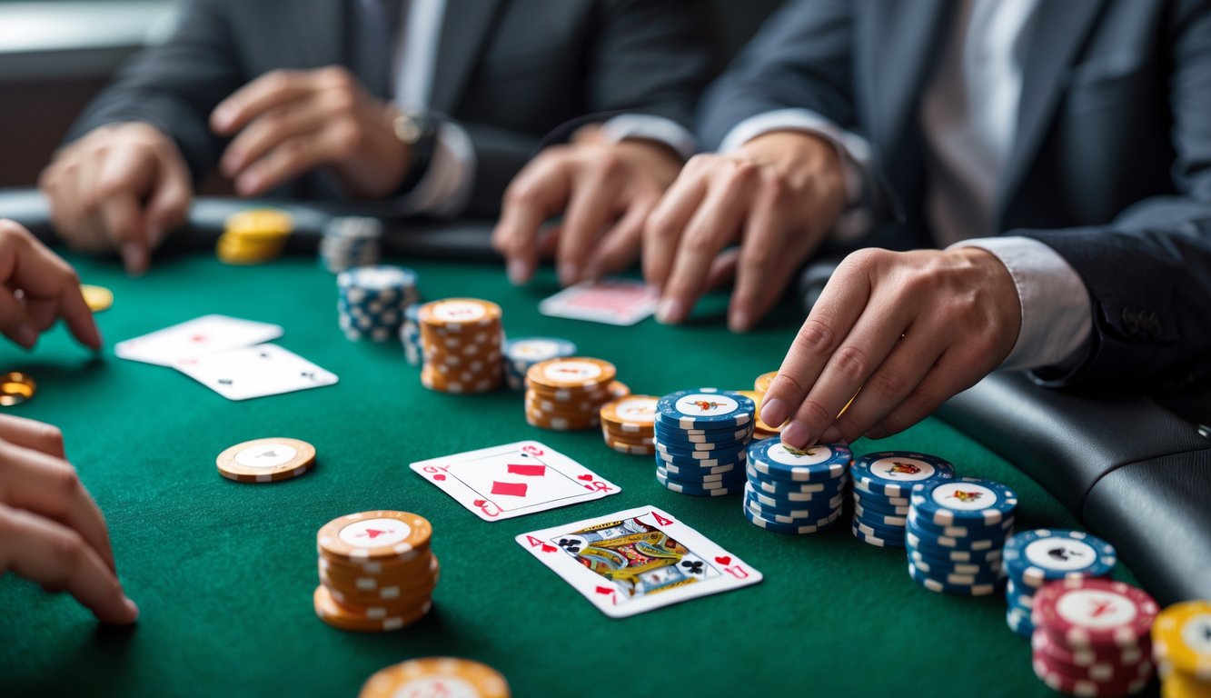 Meja poker dengan tumpukan chip dan kartu yang sedang dibagikan, pemain terlihat fokus bermain.