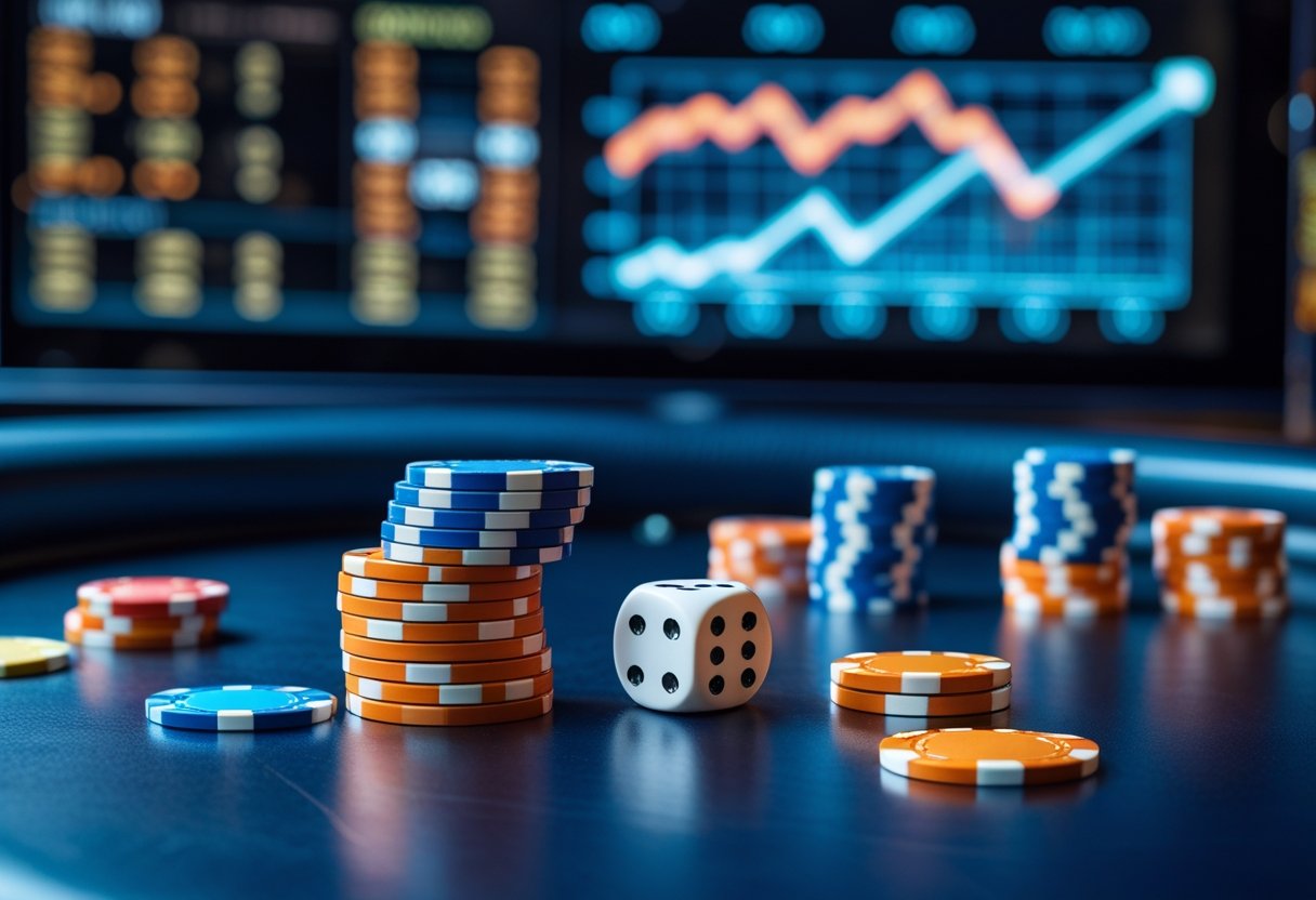 Close-up of a casino table with poker chips, dice, and a digital screen showing betting odds.