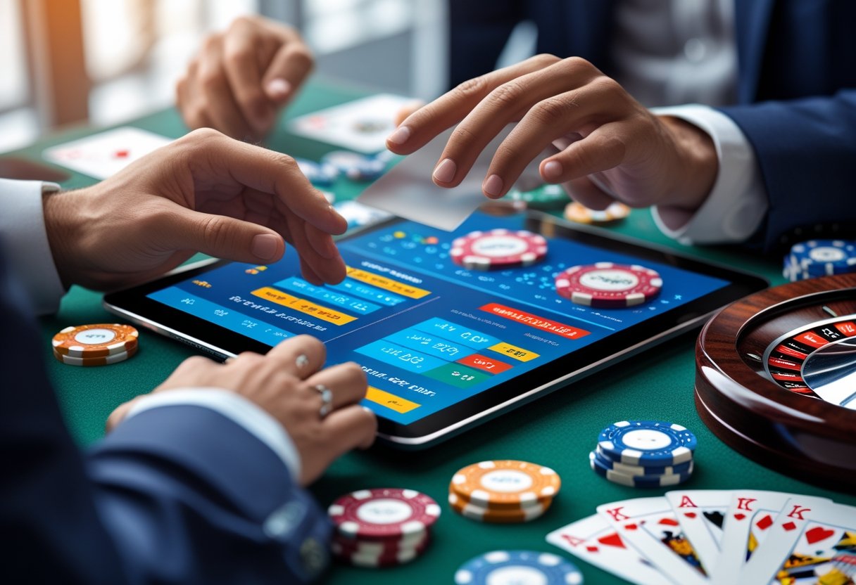 Hands using a tablet showing betting odds with poker chips, playing cards, and a roulette wheel on a table.