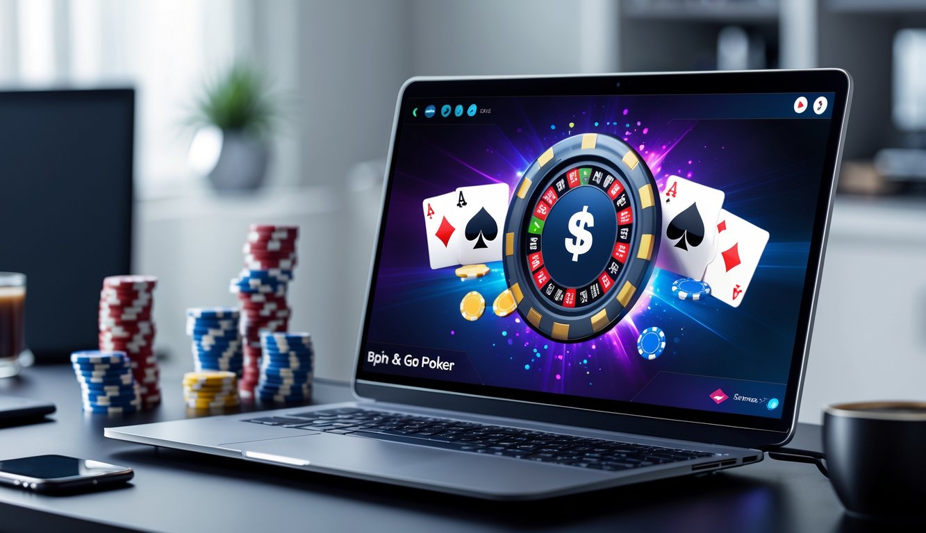 Seorang pemain poker online sedang bermain Spin & Go dengan komputer dan tumpukan chip poker di meja.