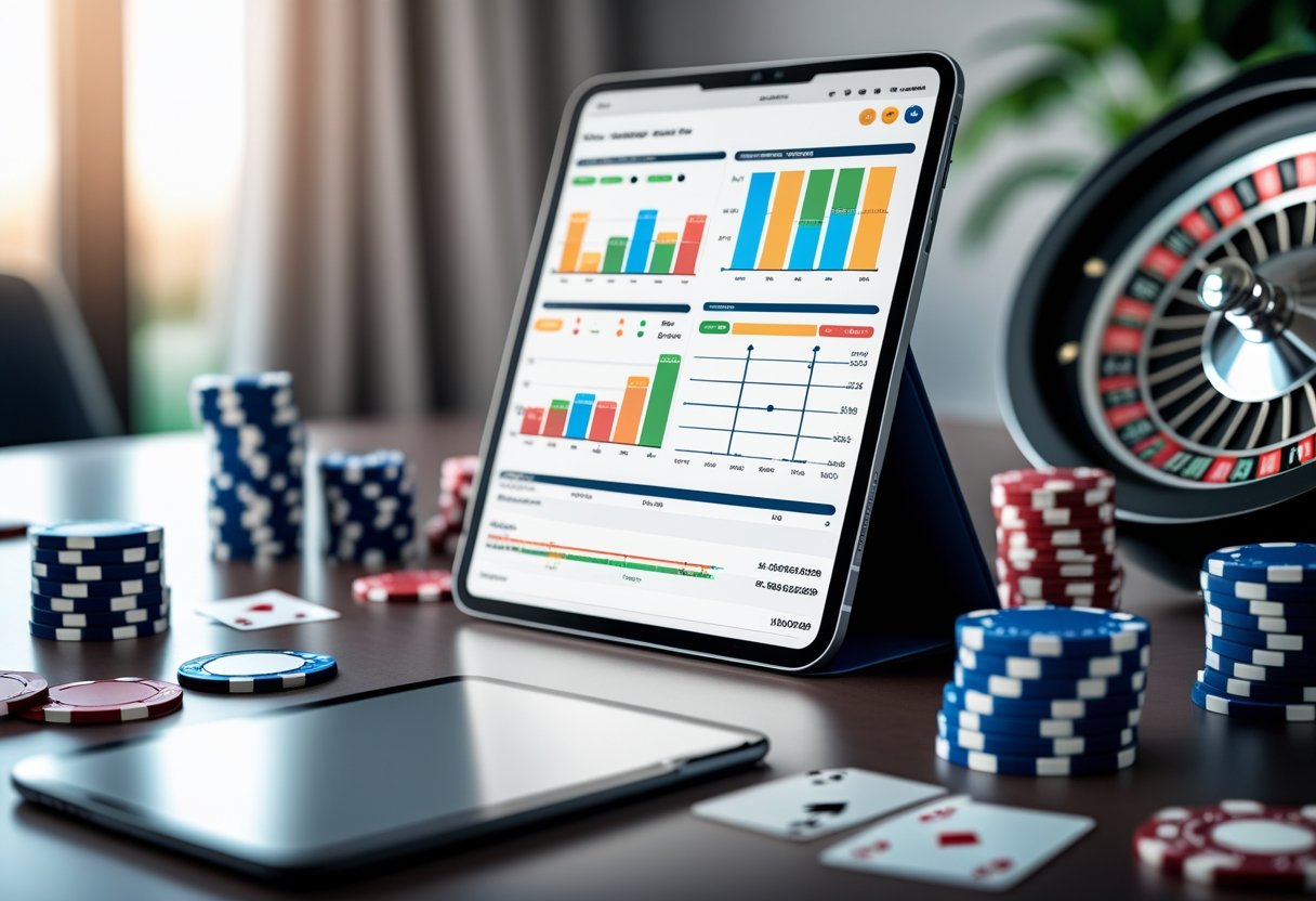 A digital device showing different betting odds formats with poker chips and playing cards nearby in a clean, well-lit setting.