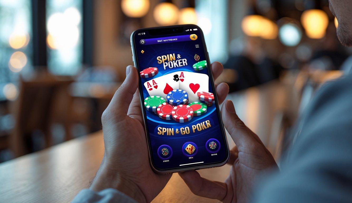 Seseorang memegang ponsel yang menampilkan permainan poker dengan chip dan kartu di layar.