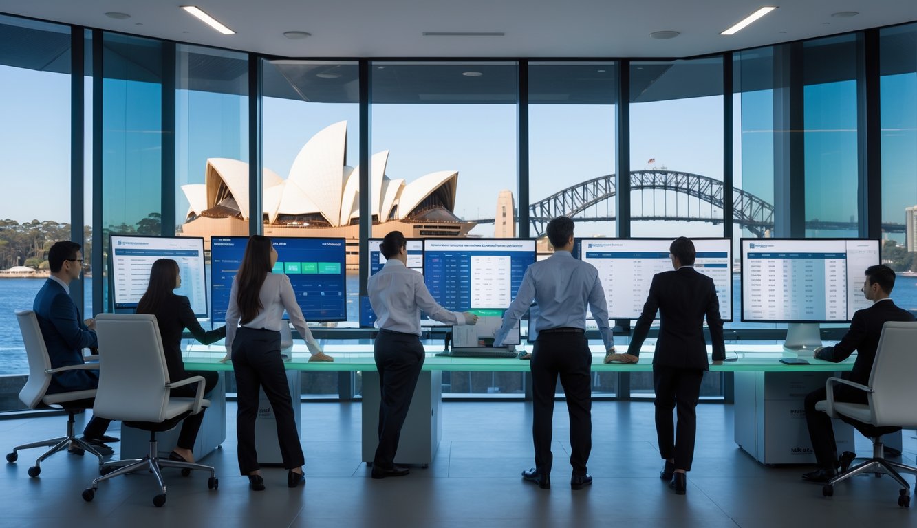 Orang-orang bekerja di kantor modern dengan layar komputer yang menampilkan data lotere, dengan pemandangan kota Sydney di latar belakang.