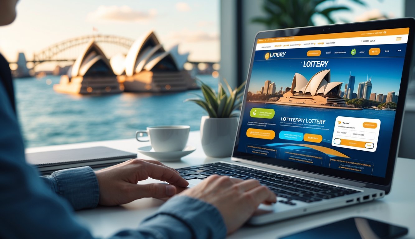 Seseorang menggunakan laptop dengan layar menampilkan antarmuka permainan lotere online, latar belakang terdapat pemandangan kota Sydney dengan Opera House dan Harbour Bridge.