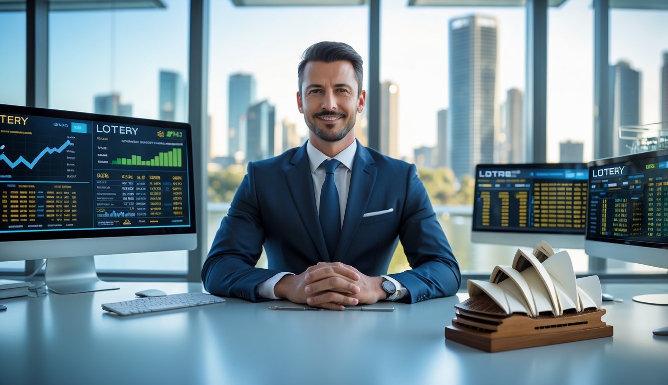Seorang pria bisnis percaya diri di kantor modern dengan beberapa layar komputer yang menampilkan data dan grafik, dengan pemandangan kota Sydney di latar belakang.