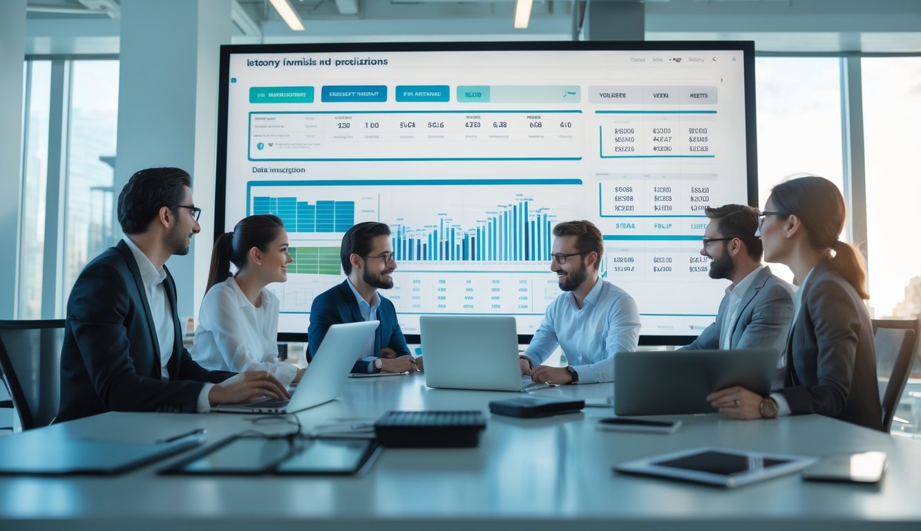 Orang-orang bekerja sama di kantor modern dengan layar digital menampilkan grafik dan data prediksi angka.