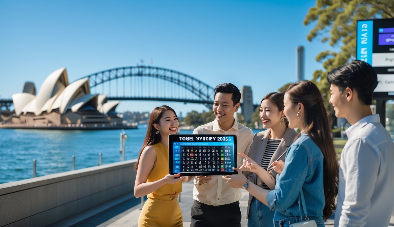 Sekelompok orang muda berdiskusi di depan latar Sydney dengan gedung Opera House dan jembatan Harbour terlihat di belakang.
