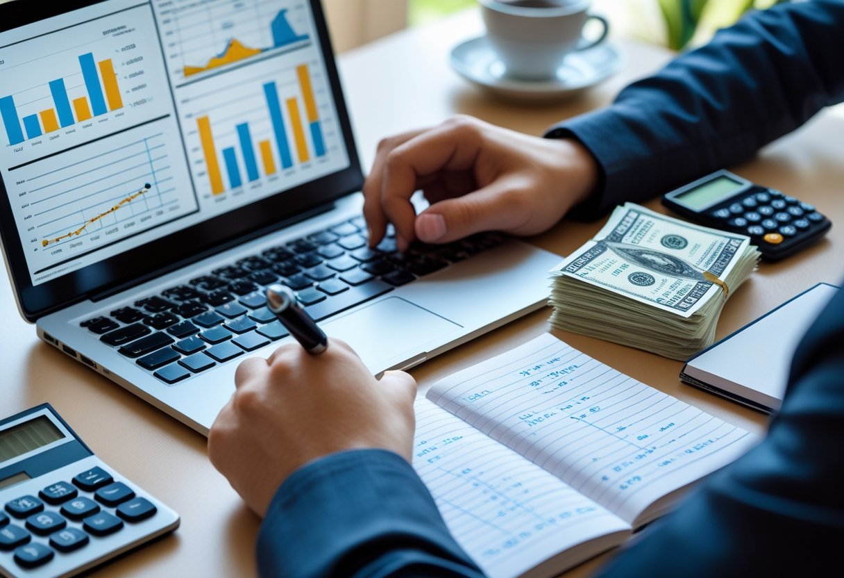 Hands working at a desk with a laptop showing financial charts, a calculator, currency notes, and a notebook with calculations.