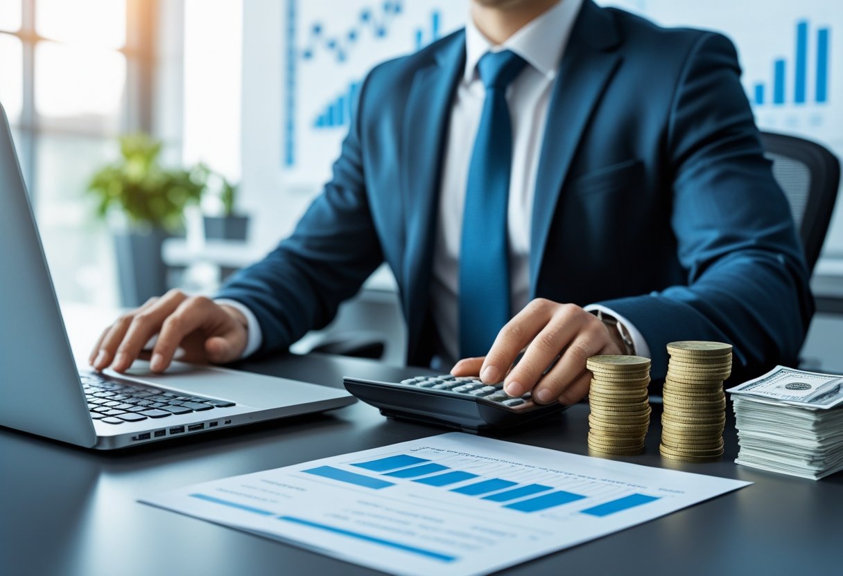 A businessperson working at a desk with financial documents, calculator, and money, focusing on managing finances.