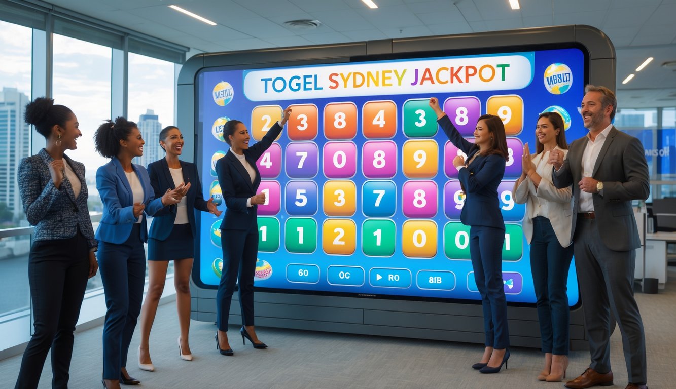Sekelompok orang di kantor modern yang sedang melihat layar digital dengan angka lotere dan simbol jackpot, dengan pemandangan kota Sydney di latar belakang.