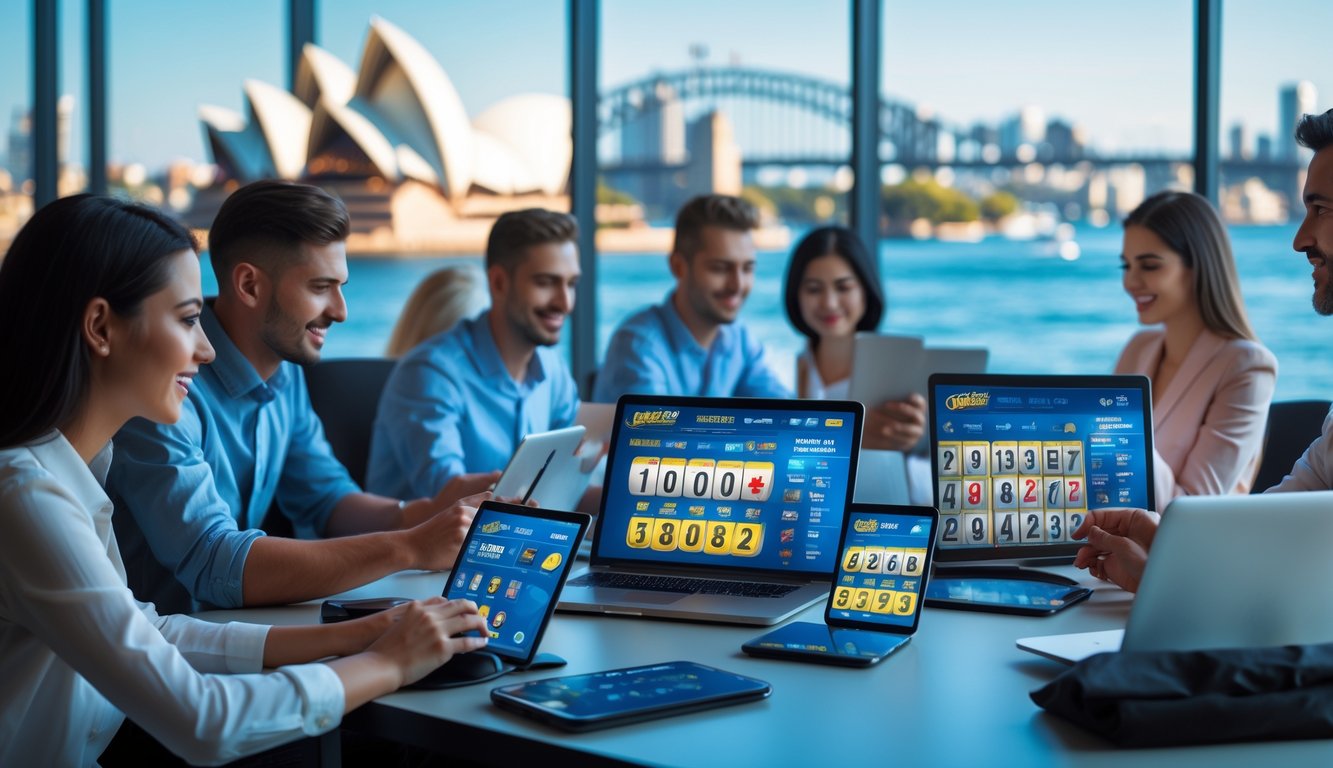 Sekelompok orang muda menggunakan perangkat digital di kantor dengan latar belakang pemandangan kota Sydney.