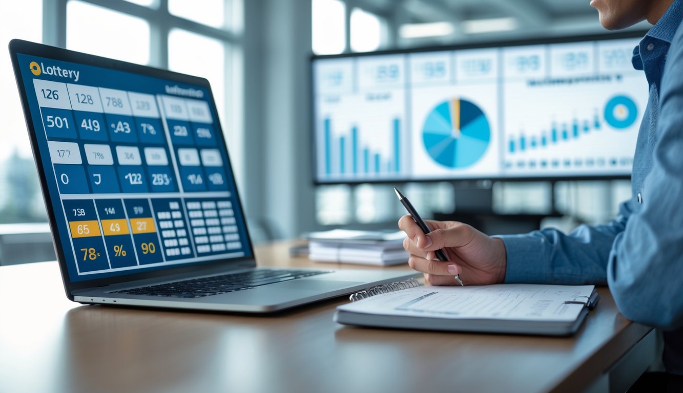 Seorang profesional sedang menganalisis data angka di kantor modern dengan laptop dan layar digital di latar belakang.