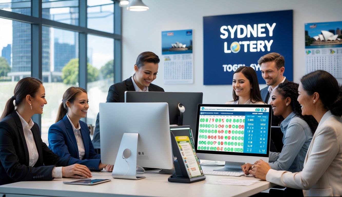 Seorang agen lotere melayani pelanggan di kantor dengan dekorasi bertema Sydney dan layar komputer yang menampilkan angka lotere.