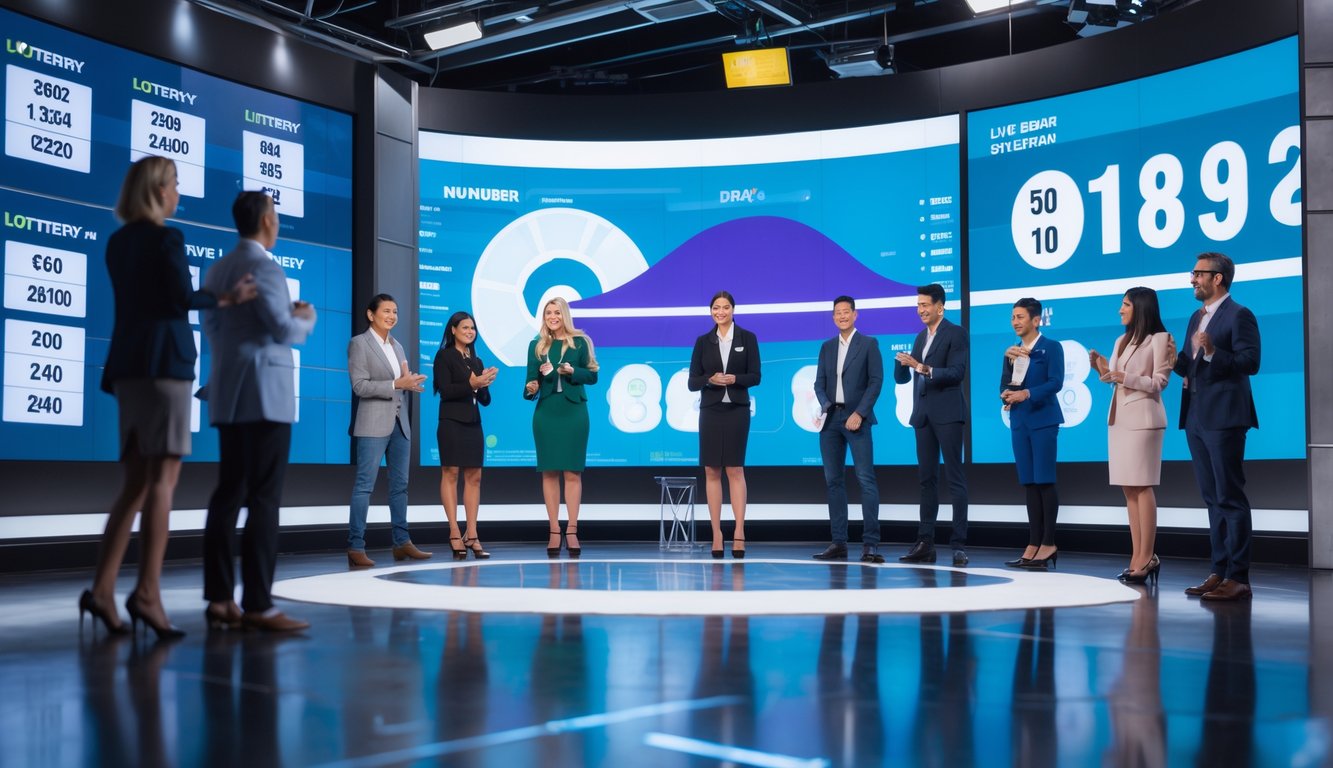 Orang-orang di studio modern sedang memantau hasil undian lotere langsung dengan latar belakang pemandangan Sydney.