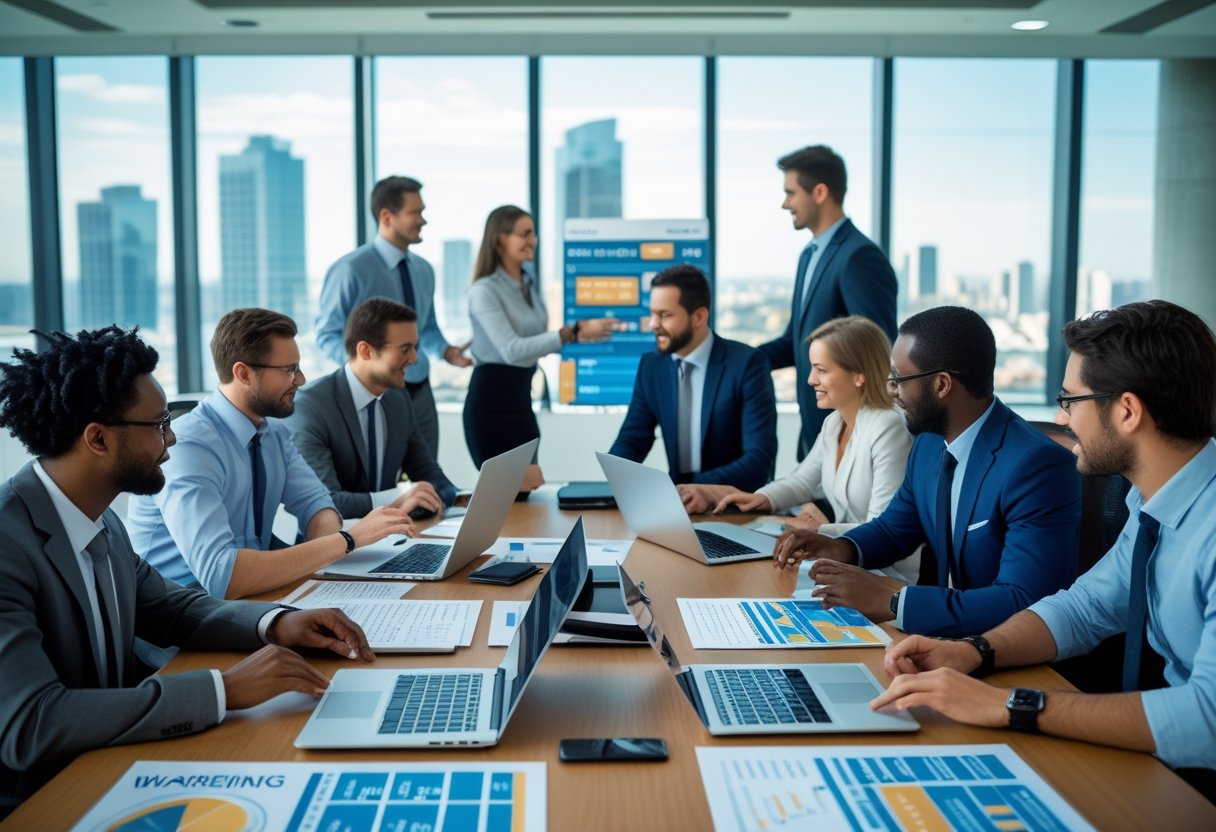 A group of business professionals collaborating around a table with laptops and charts in a bright office.