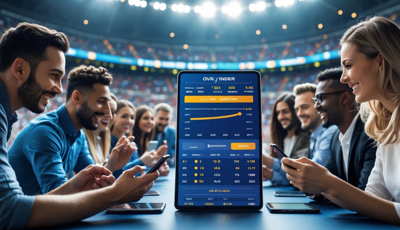 Orang-orang menggunakan perangkat digital untuk memasang taruhan sepak bola dengan latar stadion penuh penonton.