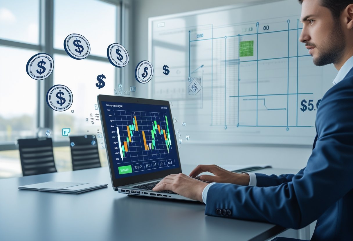 A business professional working at a desk with a laptop showing financial charts, surrounded by icons representing money and betting concepts in a bright office.