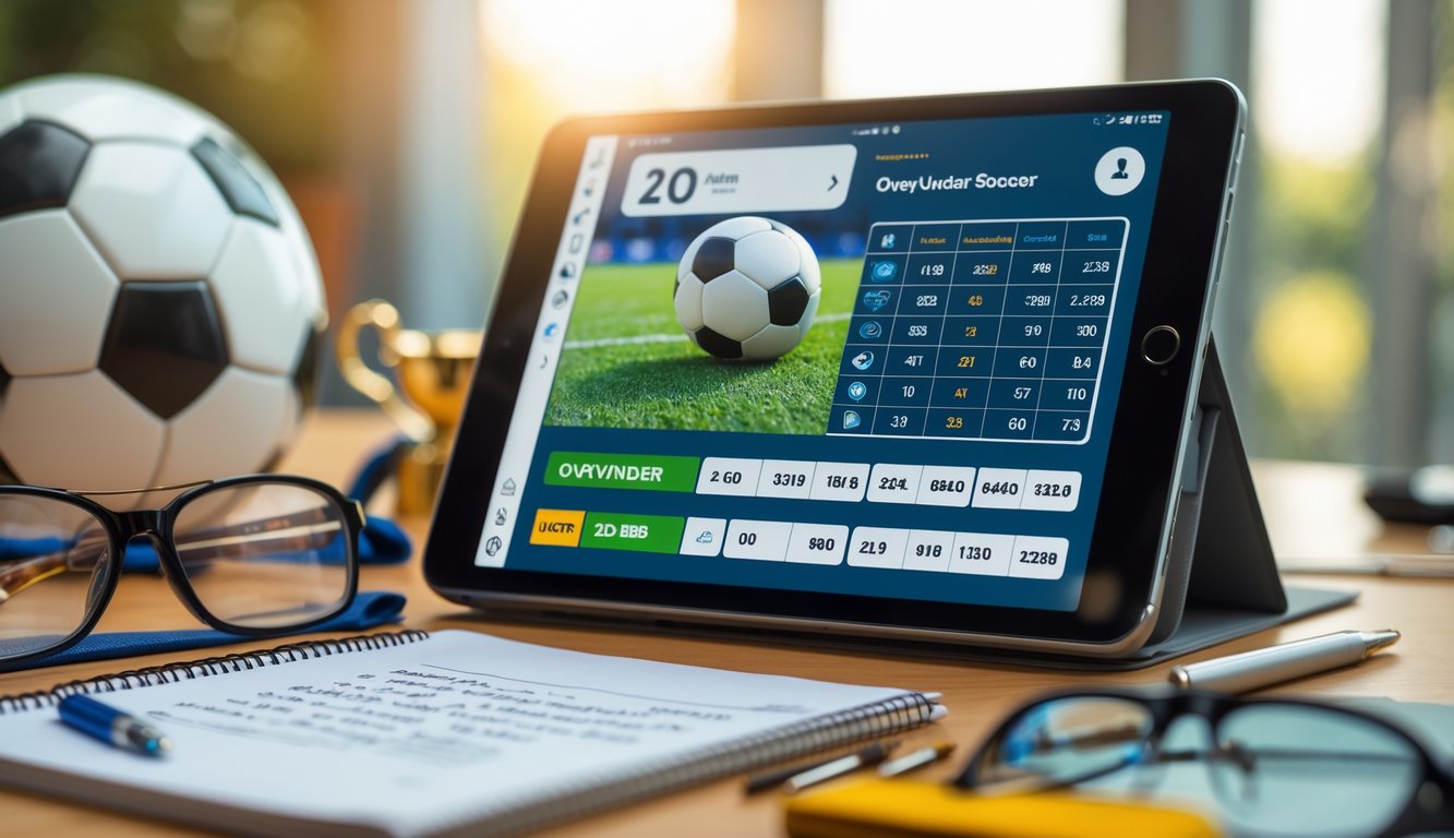 Sebuah meja kerja dengan tablet yang menampilkan aplikasi taruhan bola Over/Under, bola sepak, kacamata, pena, dan catatan di sekitar tablet.