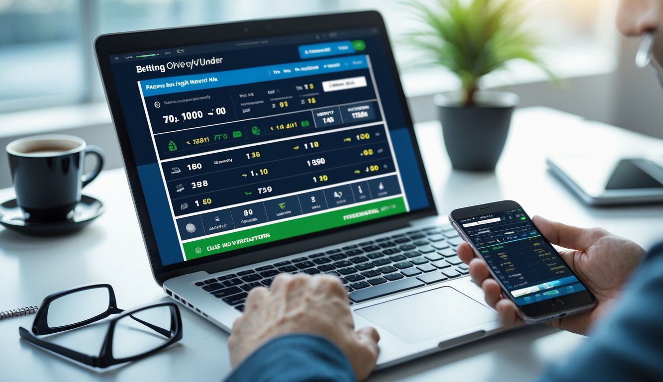 Seorang pria menggunakan laptop dan ponsel untuk memasang taruhan Over/Under pada pertandingan sepak bola di ruang kerja modern.