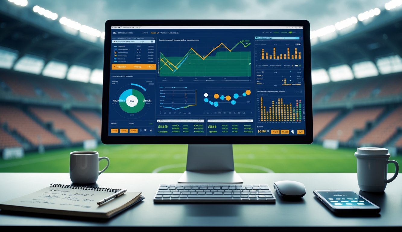 Meja kerja dengan komputer yang menampilkan statistik sepak bola dan alat tulis di sekitarnya, dengan latar belakang stadion sepak bola.