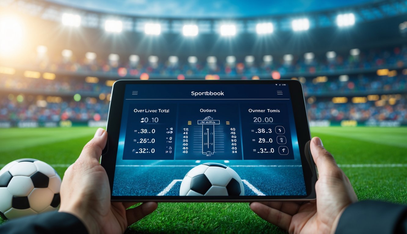 Sebuah tablet menampilkan angka taruhan Over/Under untuk pertandingan sepak bola dengan latar belakang stadion sepak bola yang ramai.