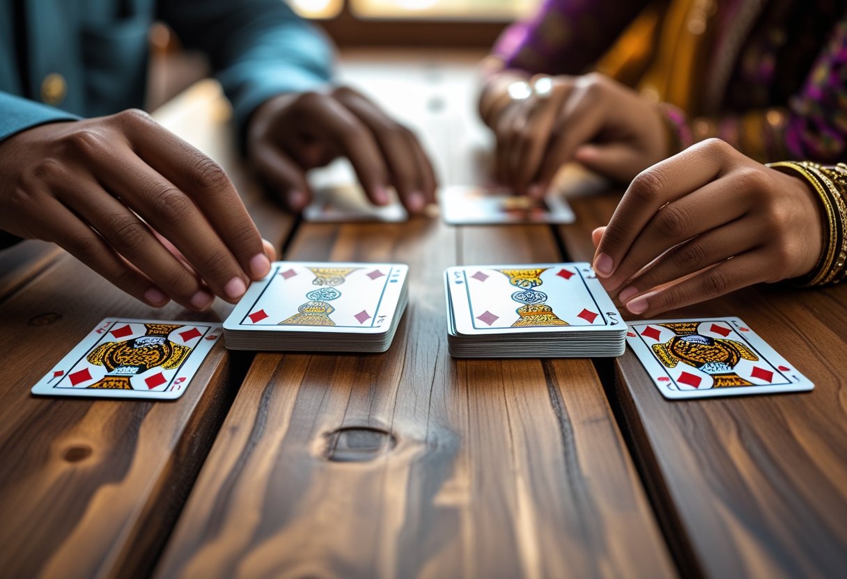 Two people playing the Andar Bahar card game with cards spread on a wooden table.