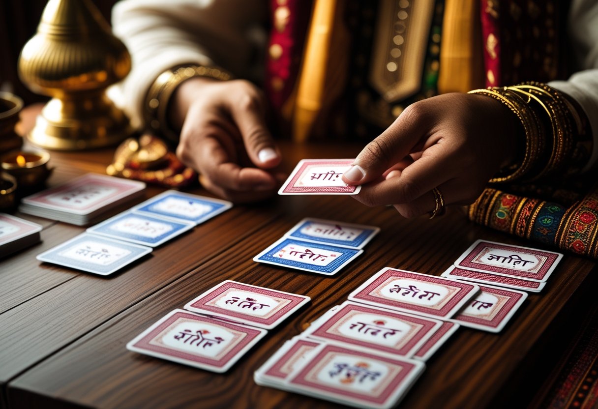 Close-up of hands dealing cards on a wooden table for the Indian card game Andar Bahar, with cards arranged in two rows.