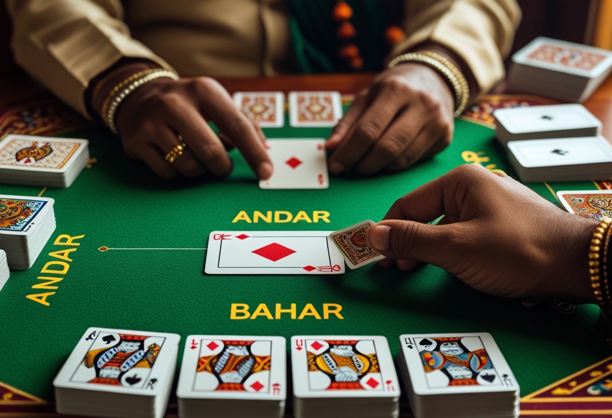 Close-up of hands arranging playing cards on a green felt table for the Andar Bahar card game.