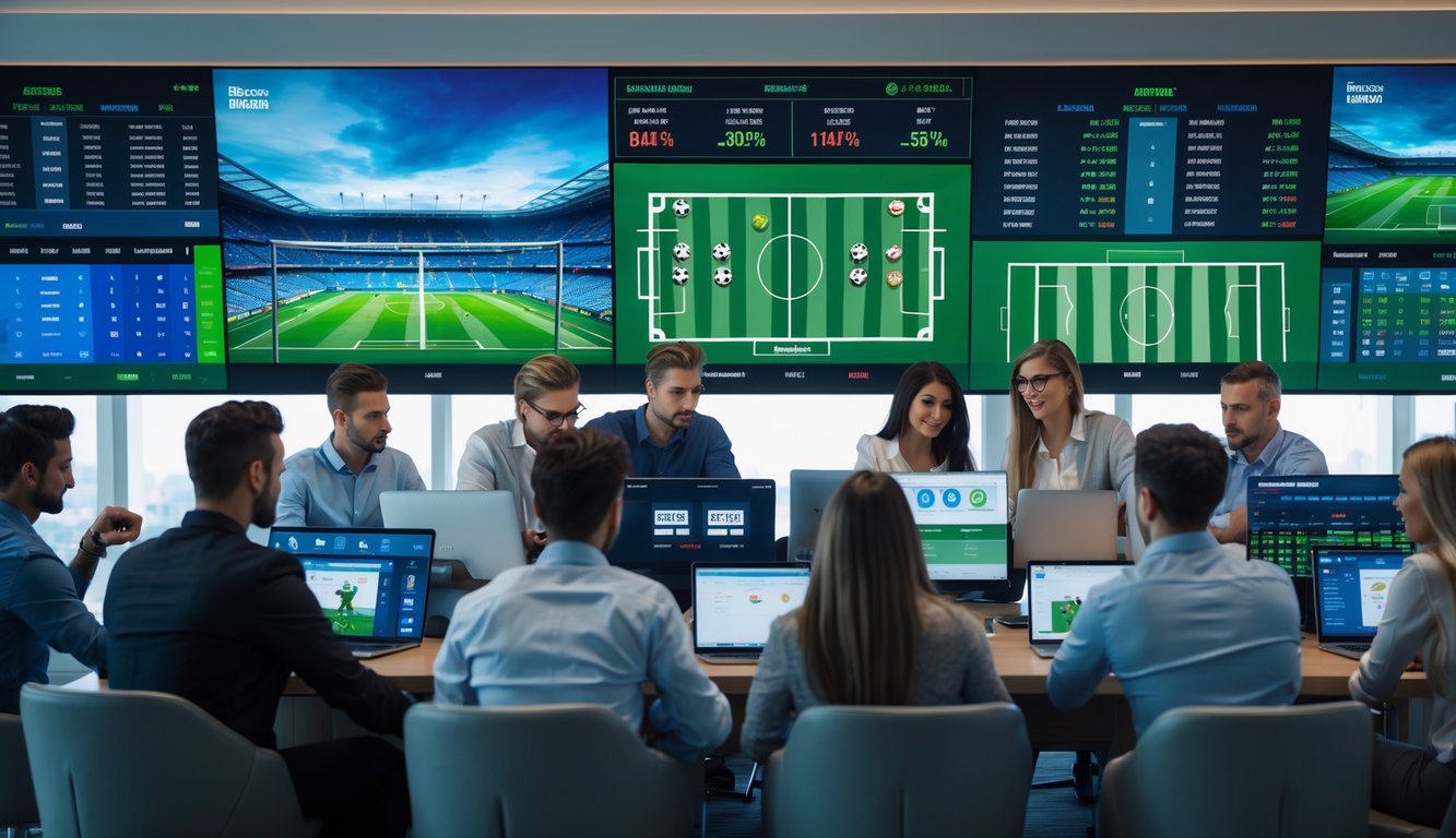 Beberapa orang sedang melihat layar komputer dan ponsel yang menampilkan data pertandingan sepak bola untuk taruhan over/under.