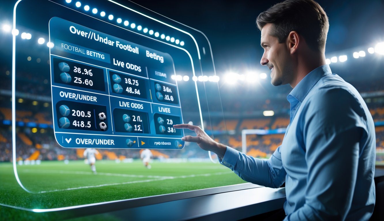 Seseorang menggunakan layar sentuh digital dengan statistik dan opsi taruhan bola Over/Under, dengan latar belakang stadion sepak bola yang ramai.