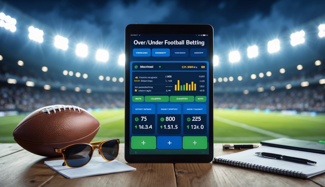 Sebuah tablet menampilkan antarmuka taruhan sepak bola Over/Under dengan latar belakang stadion sepak bola dan bola sepak di atas meja.