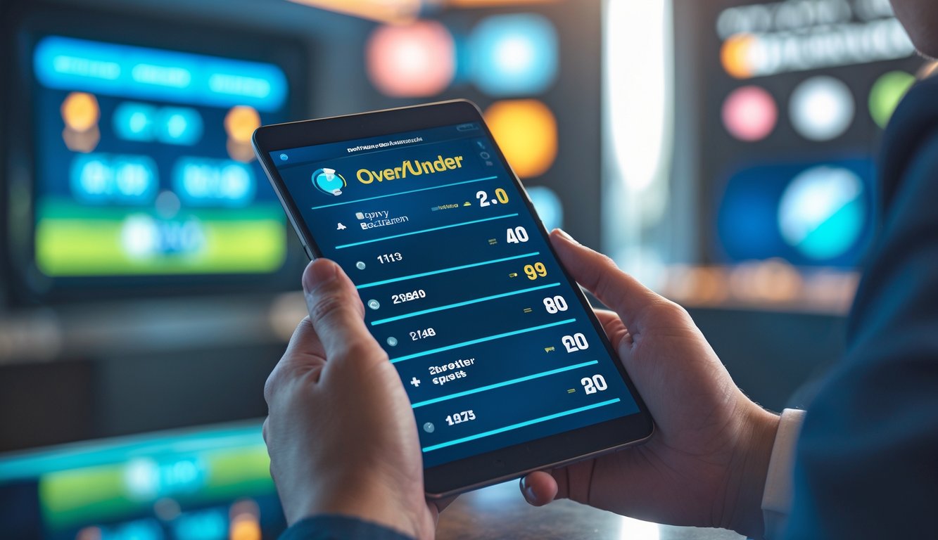 Seseorang memegang ponsel dengan layar menampilkan opsi taruhan olahraga dalam suasana modern dan terang.