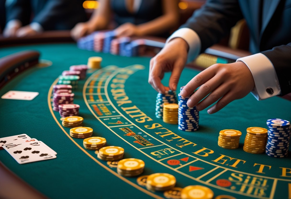 Close-up of a baccarat table showing chips, cards, and a dealer's hand placing bets in a casino.