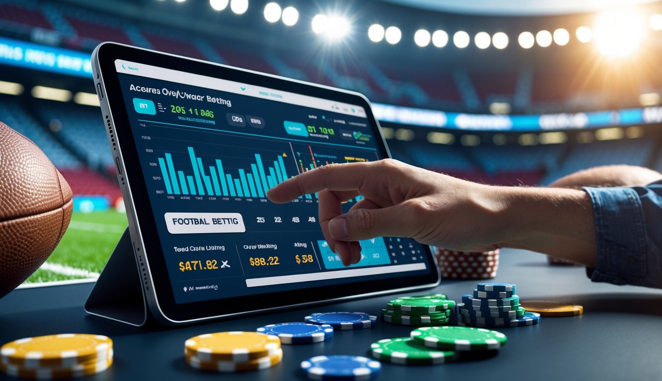 Seorang pria menggunakan tablet di depan layar digital yang menampilkan statistik dan peluang taruhan sepak bola over/under dengan latar belakang stadion.