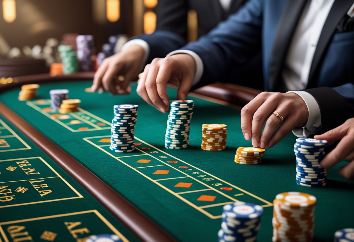 A close-up of a baccarat table with players placing chips on side bet areas during a casino game.