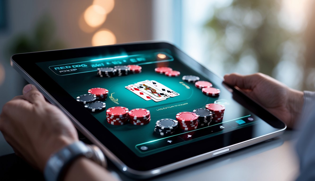 Layar komputer yang menampilkan permainan poker online dengan kartu dan chip di meja poker digital.