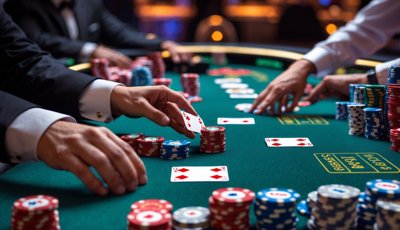 Meja kasino dengan permainan poker Red Dog sedang berlangsung dengan kartu dan chip taruhan di atas meja hijau.