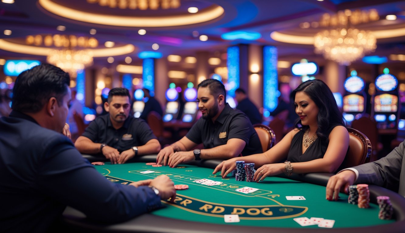 Beberapa pemain duduk di sekitar meja poker hijau bermain permainan Red Dog Poker dengan dealer membagikan kartu di kasino.