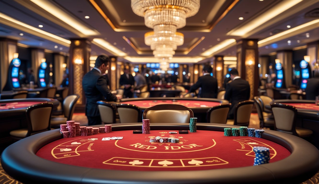 Interior kasino dengan meja poker berwarna merah, pemain bermain kartu, dan suasana mewah yang hangat.