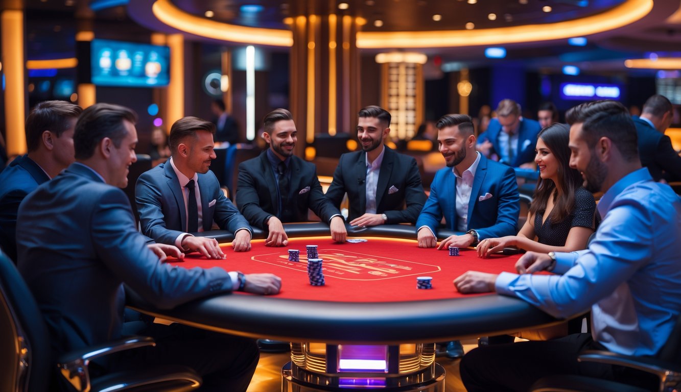 Sekelompok pemain poker duduk di meja merah dengan chip dan kartu di kasino modern.