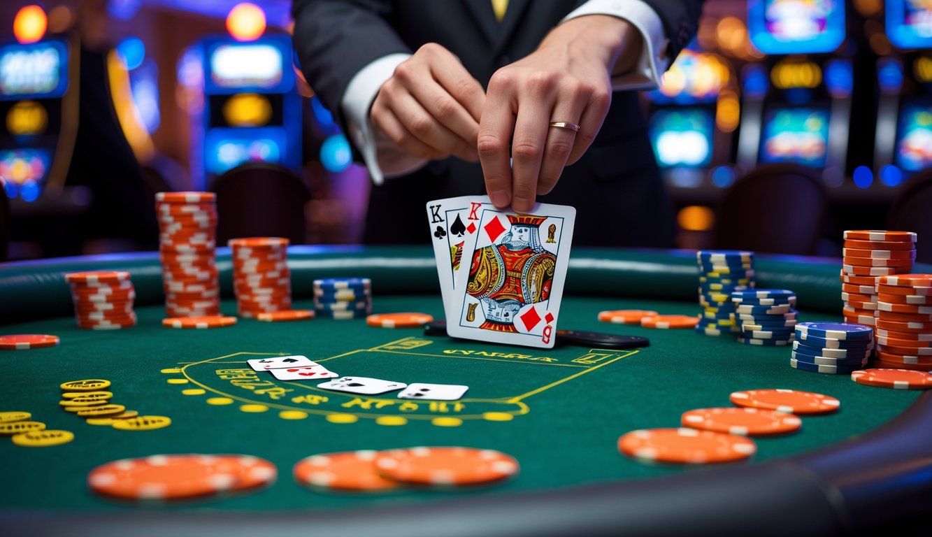 Meja poker dengan kartu red dog dan tumpukan chip di kasino yang ramai.