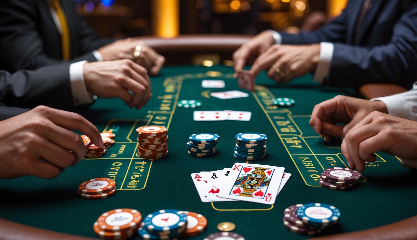 Meja kasino dengan kartu dan chip poker yang sedang digunakan untuk bermain Red Dog Poker.