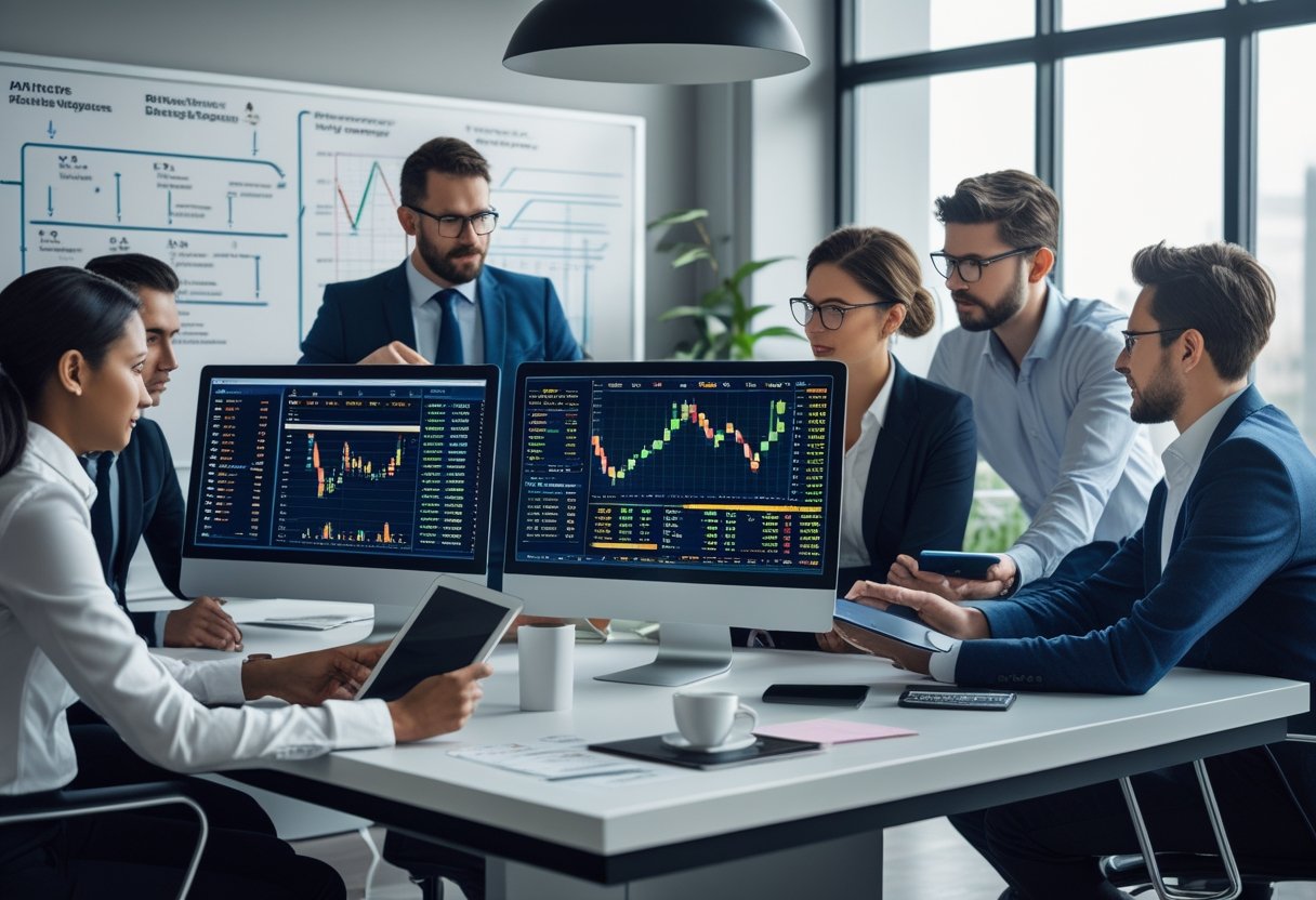 A group of professionals analyzing data and charts on computer screens in a modern office setting.
