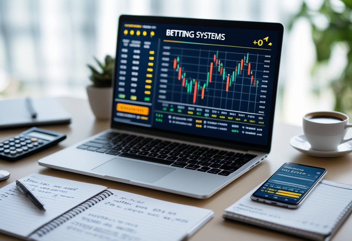 A workspace with a laptop showing betting charts, a calculator, notepad with notes, a coffee cup, and a smartphone displaying betting odds.