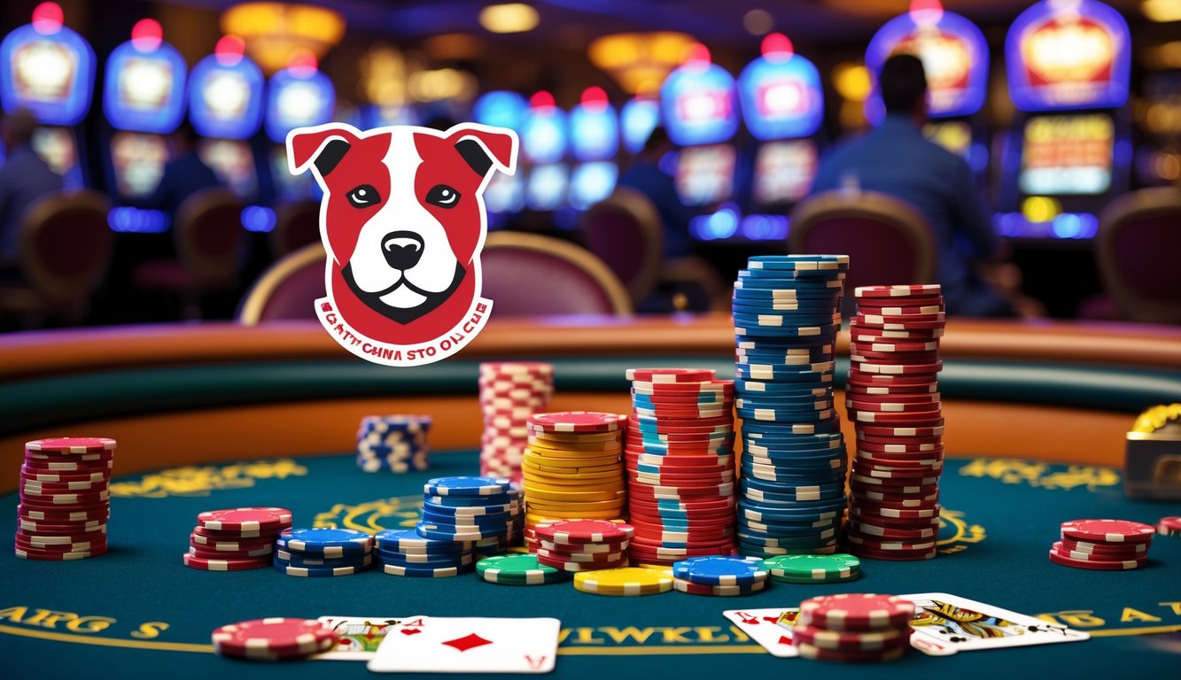 Meja poker di kasino dengan chip berwarna-warni dan kartu, serta latar belakang suasana kasino yang ramai.