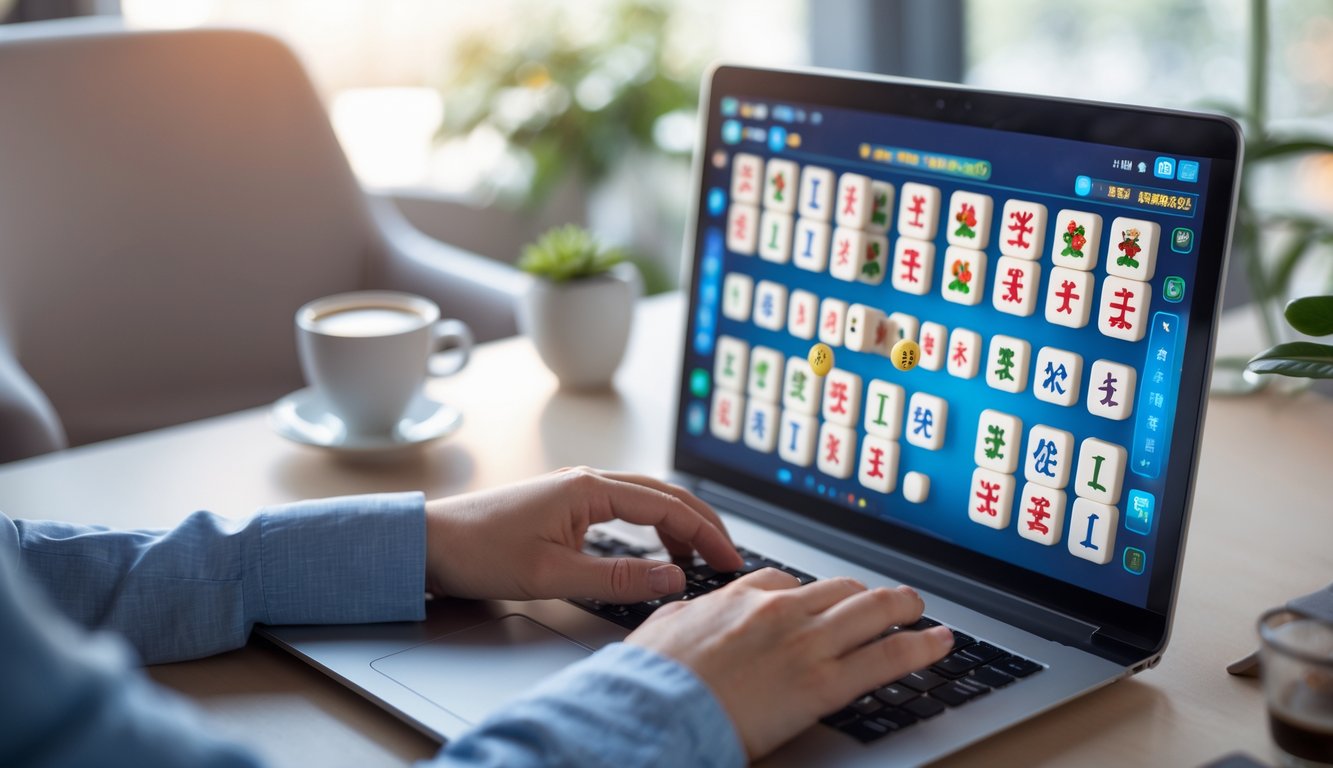 Seseorang sedang bermain Mahjong online menggunakan laptop di meja kerja yang rapi dan terang.