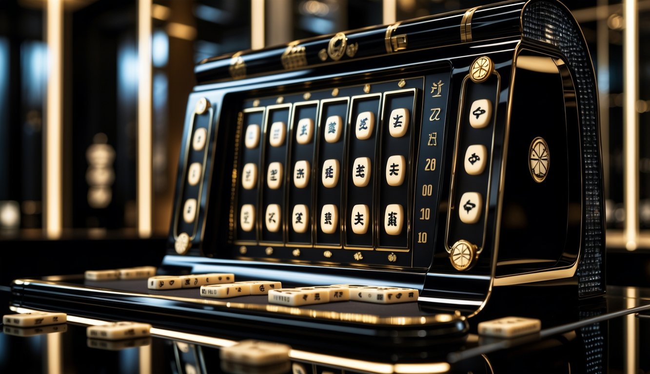 Mesin slot bertema mahjong hitam yang elegan dengan ubin mahjong di sekitarnya di atas meja hitam mengkilap.