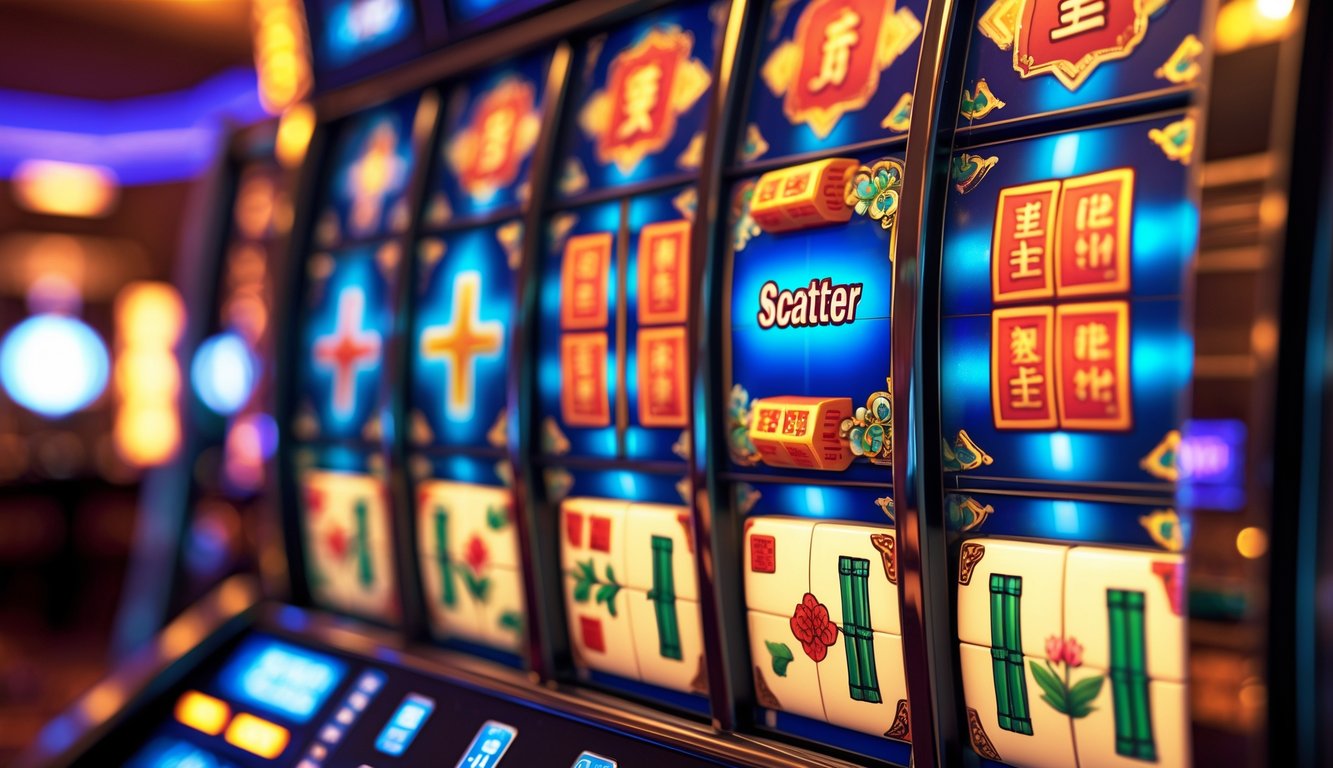 Tampilan dekat mesin slot dengan simbol ubin mahjong berwarna-warni di latar kasino.